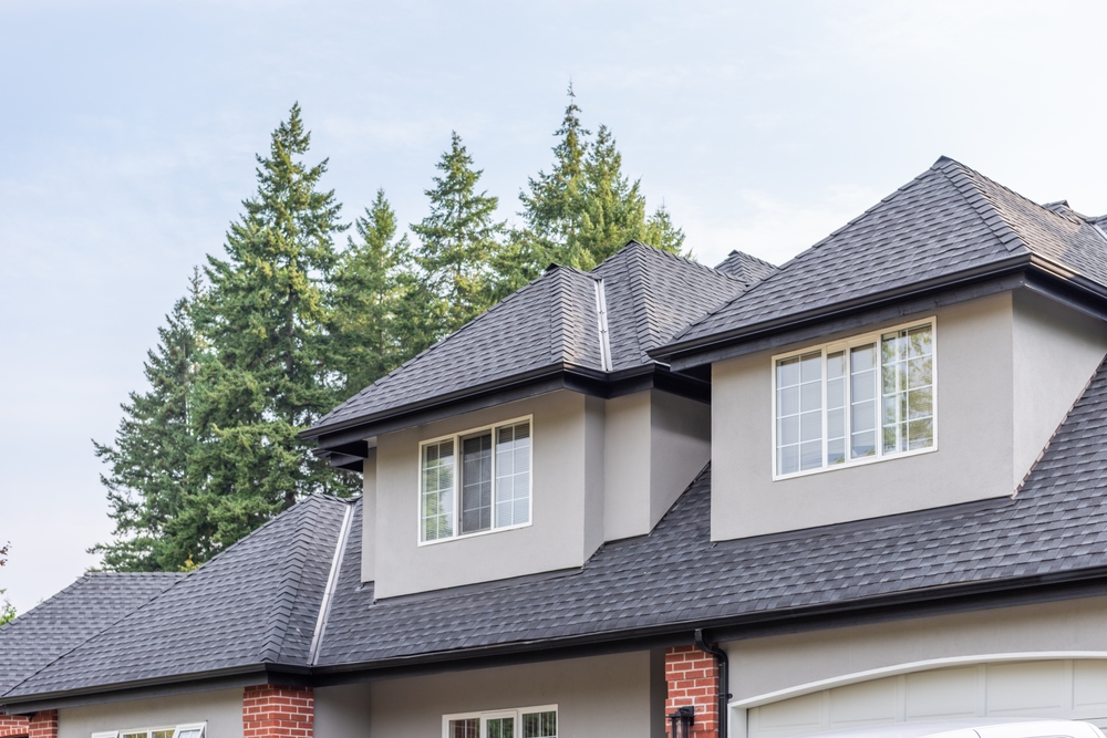 Two-Story house exterior with gray shingle roof and two dormer windows, brick accents, and lush evergreen trees in the background.